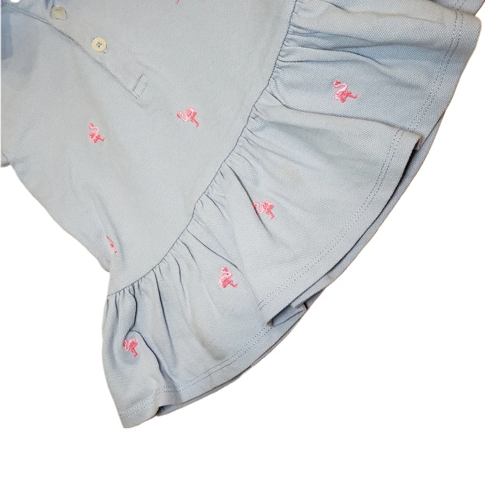 Ralph Lauren 3m Baby Girl Blue Polo Dress with Embroidered Pink Flamingos
